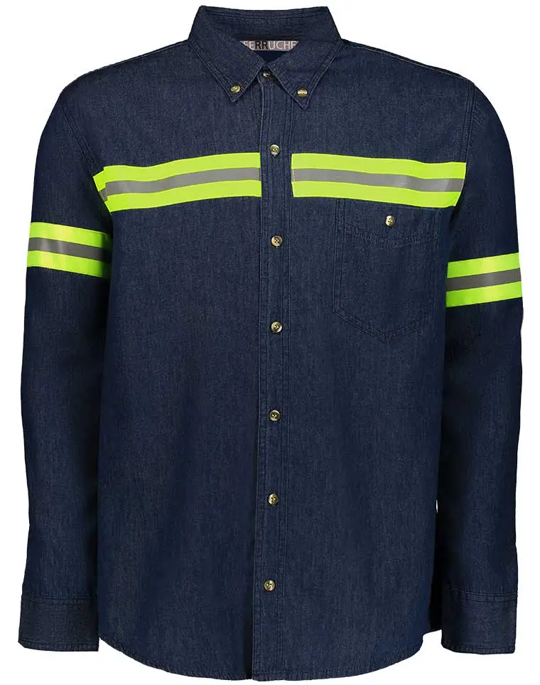 CAMISA MEZCLILLA AZUL REFLEJANTE VERDE MANGA LARGA